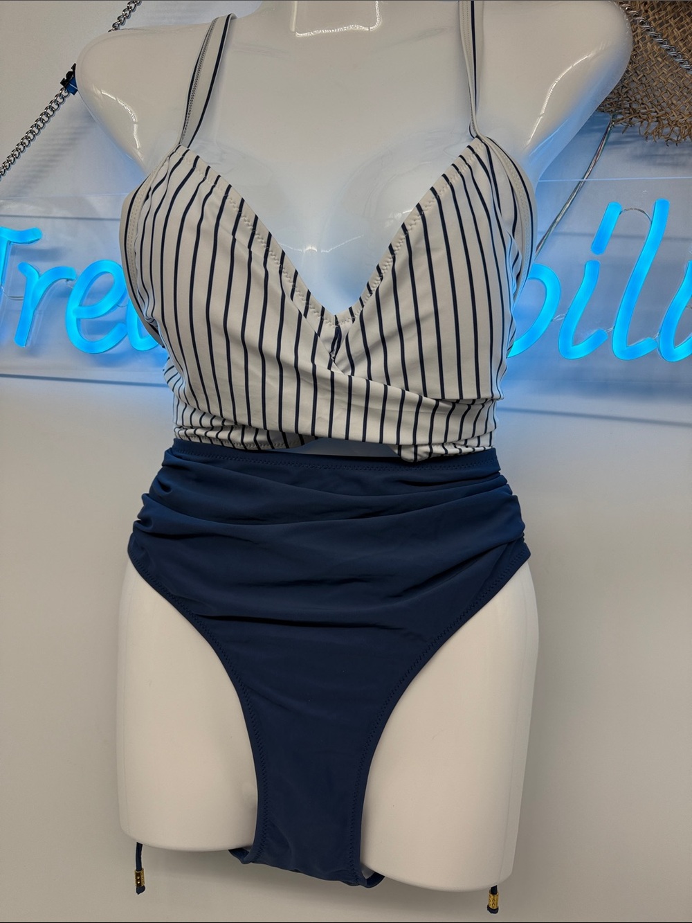 High-Waist Two-Piece Navy & White Stripe Bikini